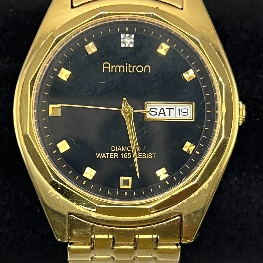 ARMITRON Gold and Black Diamond Mens Watch Working